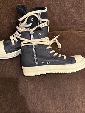 Rick Owens Black High-Top Leather Sneakers with Cream Laces
